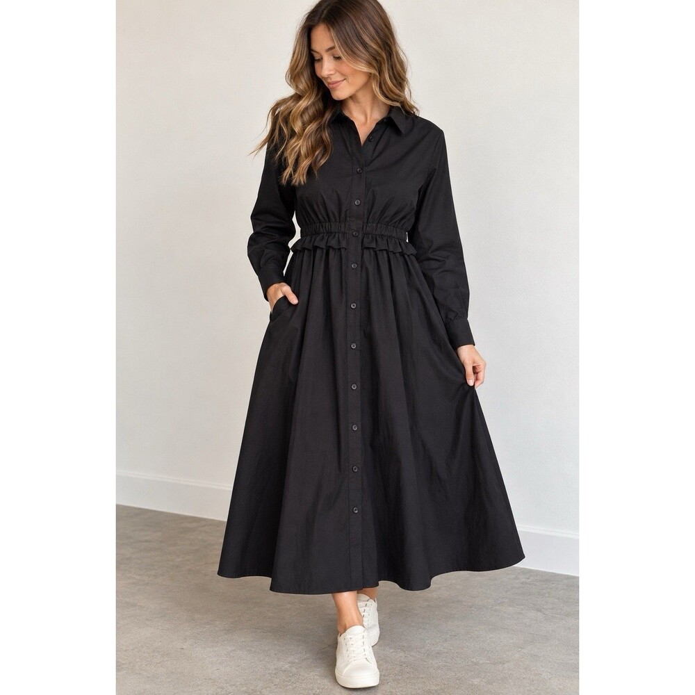 A New Day Women’s Black Cotton Button Front Midi Shirt Dress Small NWT